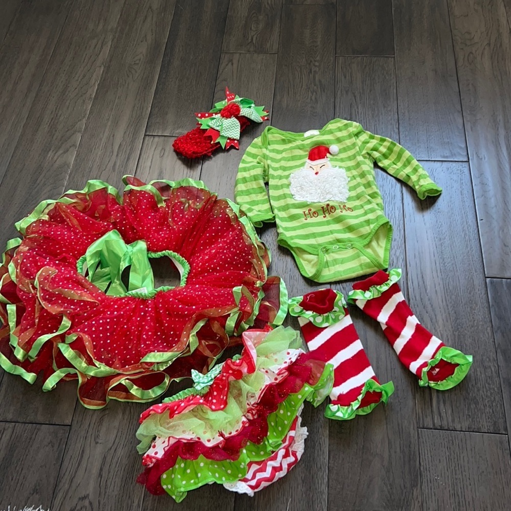 Christmas tutu w/matching legwarmers, ruffle diaper cover, headband and onesie